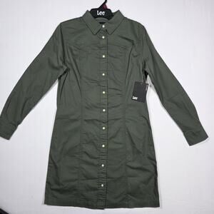 Lee Jeans Heritage Womens Small Shirt Dress Olive Green Button Front Long Sleeve
